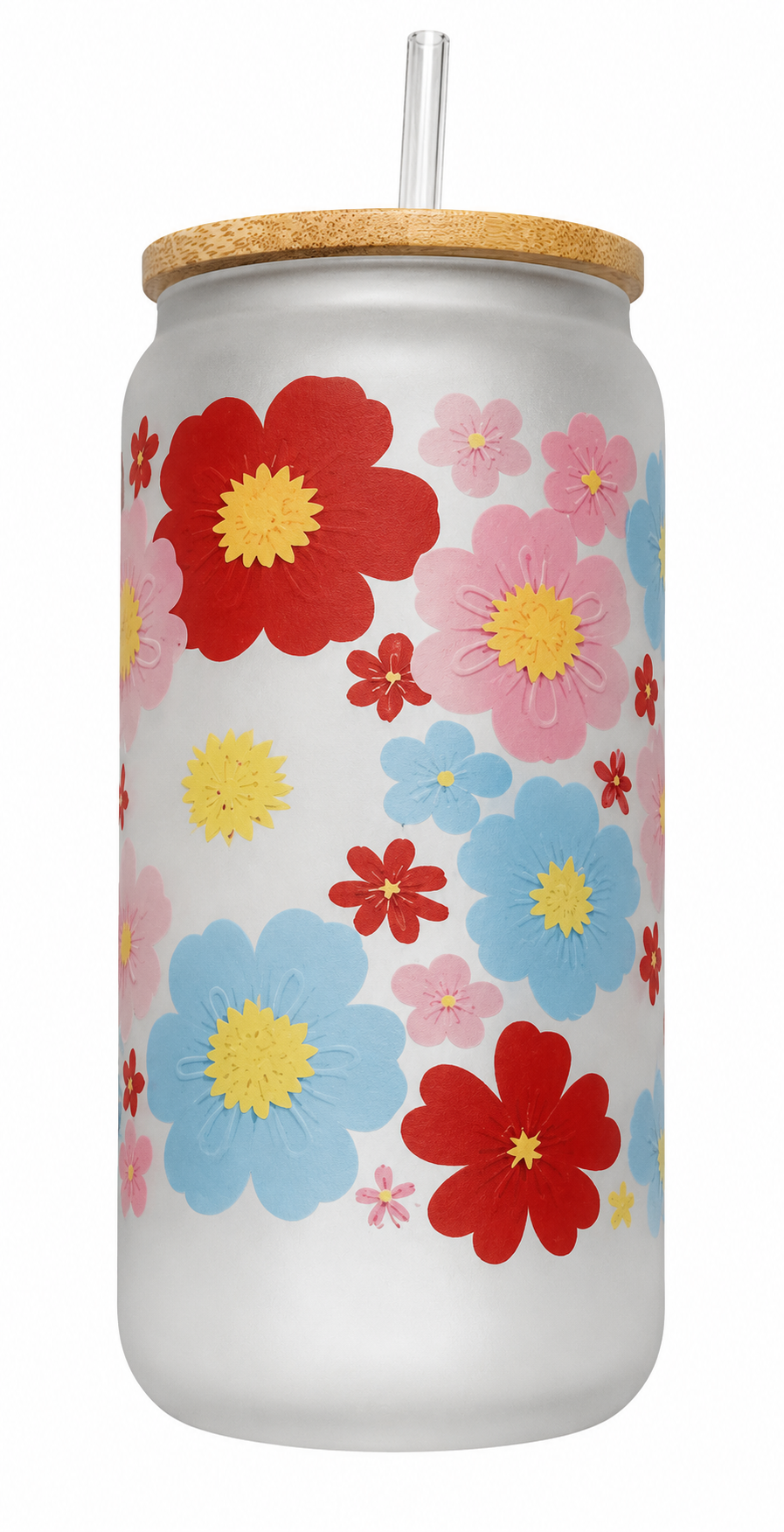 Glass Tumbler Retro Floral Frosted Glass Can with Bamboo Lid & with glass Straw