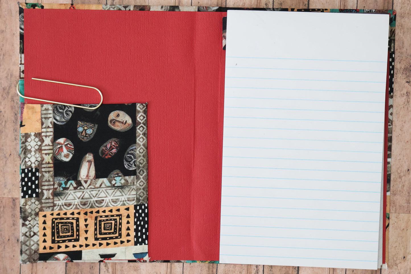 Picture of the inside of a notebook lined with red paper with a notepad.