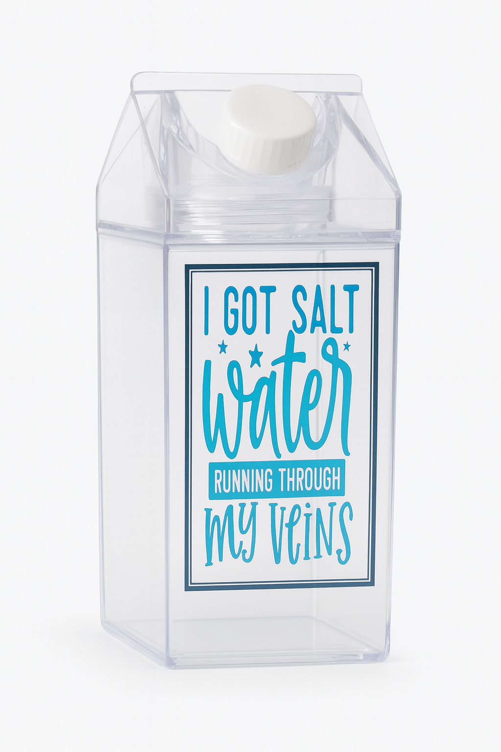 Clear container with a blue label on a white background
