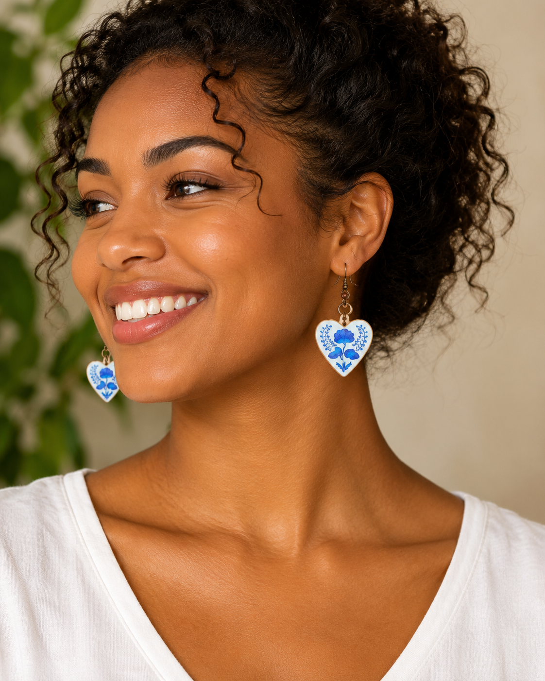 Blue Floral Heart Earrings