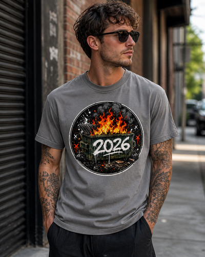 Man wearing a gray t-shirt with a graphic design featuring '2026' and flames, standing on a street.