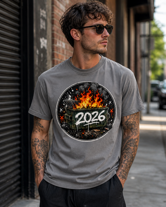 Man wearing a gray t-shirt with a graphic design featuring '2026' and flames, standing on a street.