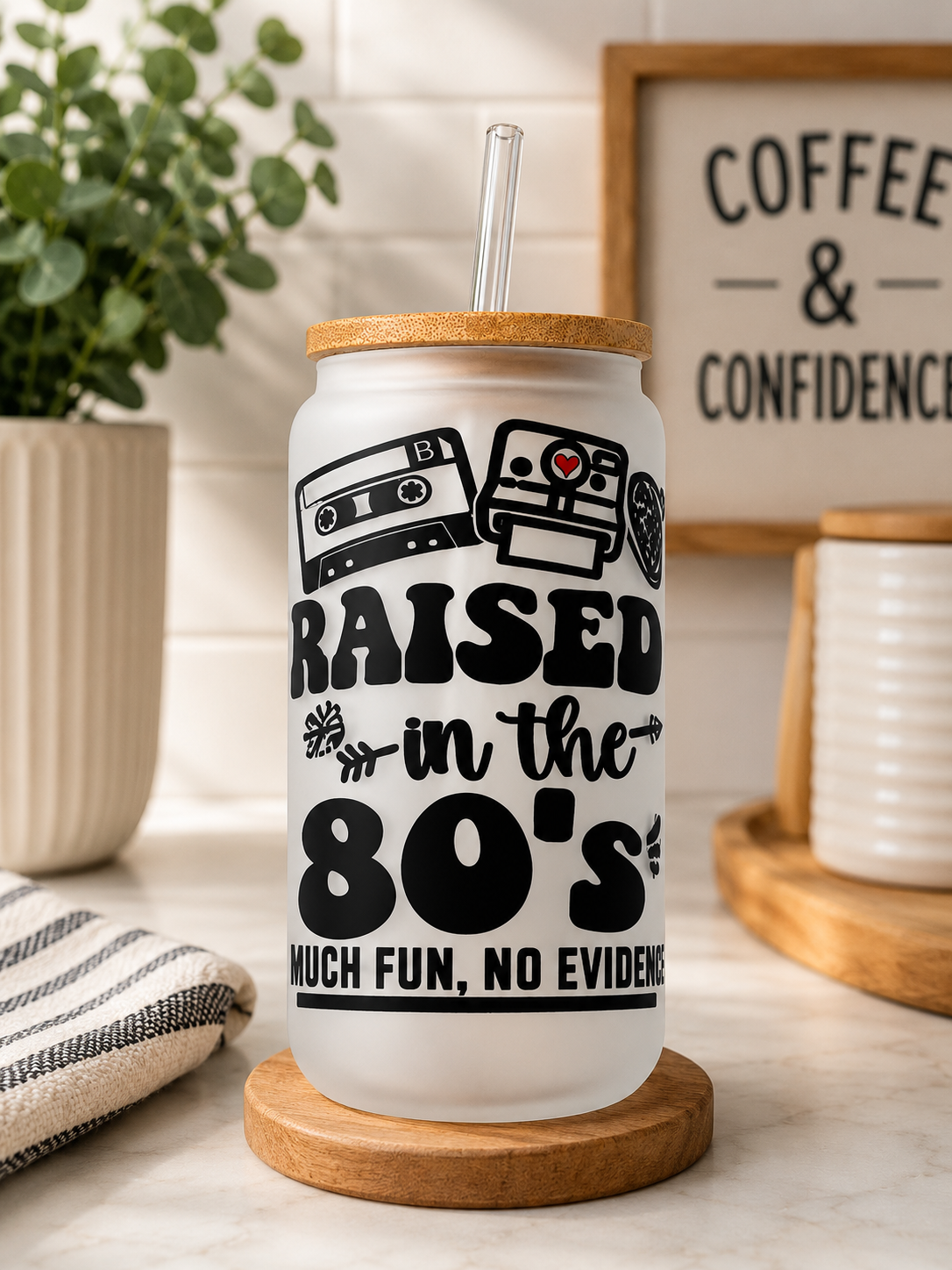 Glass Tumbler Raised in the 80's Frosted Glass Can with glass straw