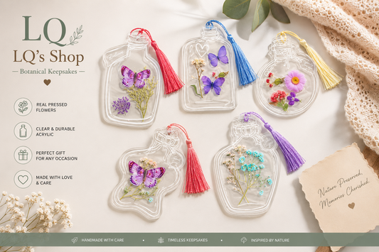 Decorative botanical keychains with tassels on a white surface, featuring LQ LQ's Shop branding.