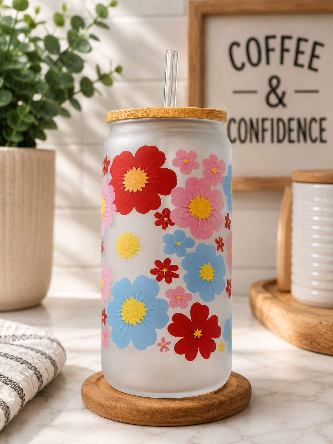 Glass Tumbler Retro Floral Frosted Glass Can with Bamboo Lid &amp with glass Straw