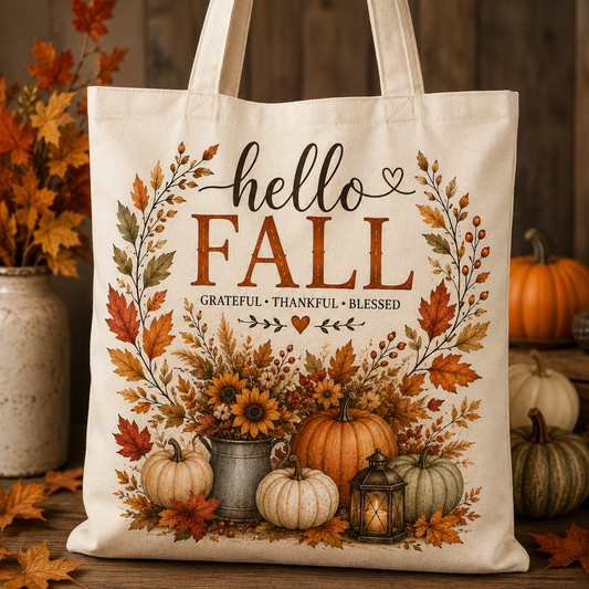Totebag Hello Fall Tote Bag | Grateful • Thankful • Blessed