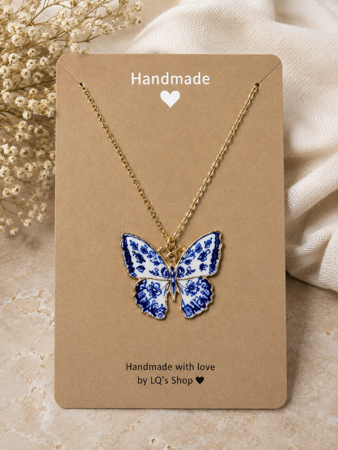 Blue & White Floral Butterfly Necklace